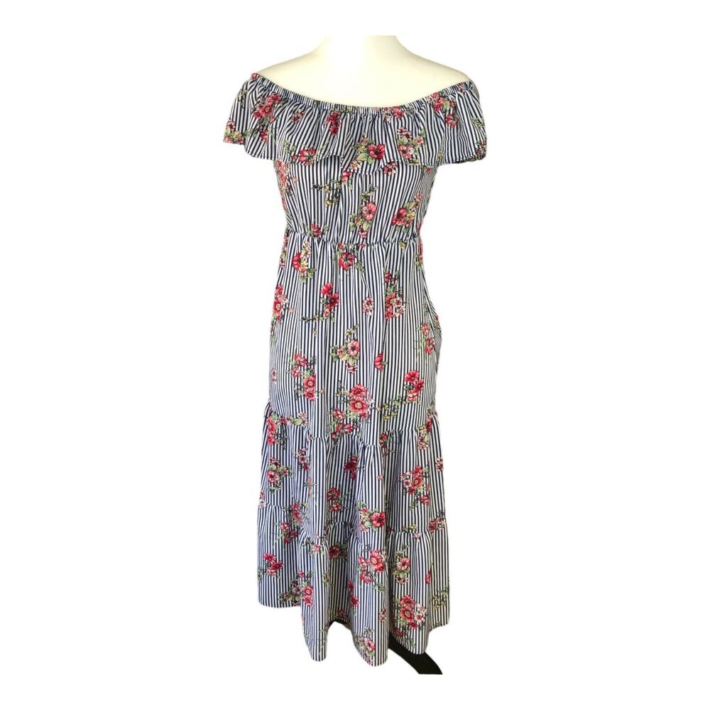 Soprano floral‎ off shoulder striped ruffle tiered cottagecore midi dress Sz S